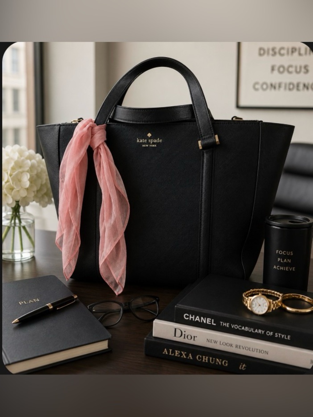 kate spade Black Tote with Pink Scarf Accent